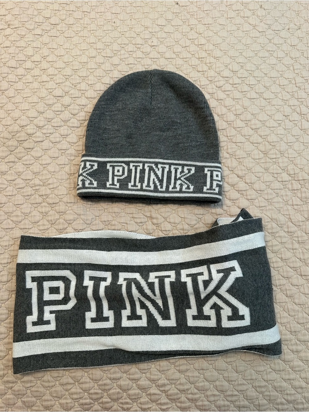 PINK Victoria's Secret Gray Knit Beanie and Scarf Set